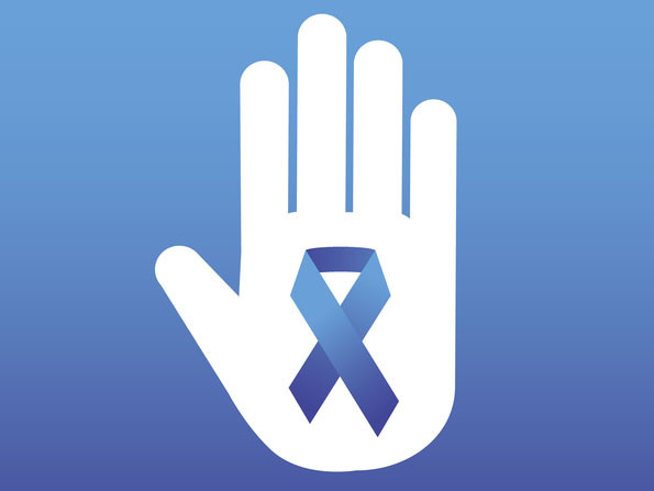 Graphic of an open hand, in the palm there's the prostate cancer ribbon